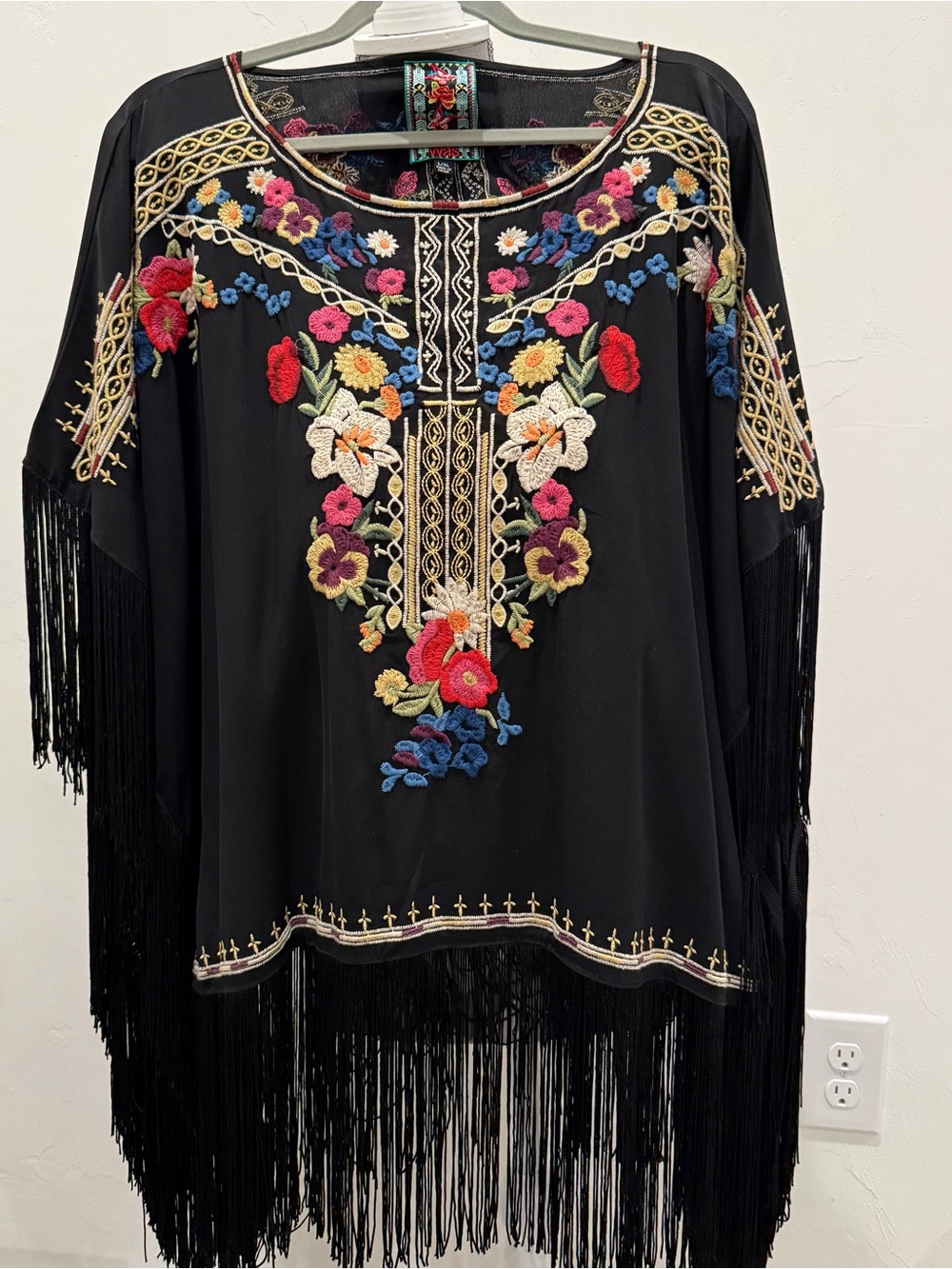Johnny Was Black Embroidered Floral Fringe Tunic